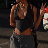 Lizakosht Vintage Lace-up Backless Y2K Halter Tops V-neck Sexy Solid Harajuku Corset Tees Streetwear Fashion Camisole 2000s Cuteandpsycho